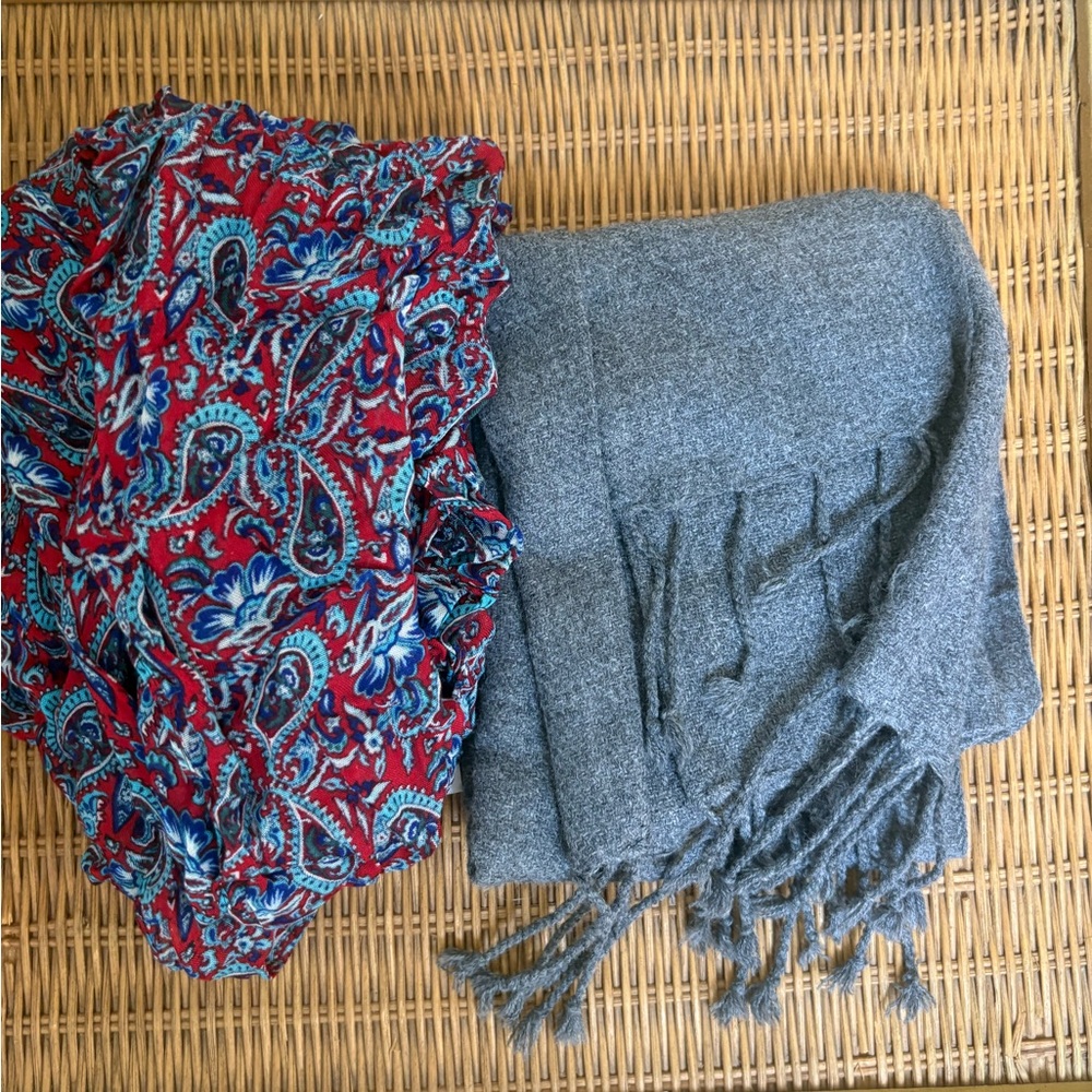 Red Paisley Scarf and Gray Fringe Shawl
